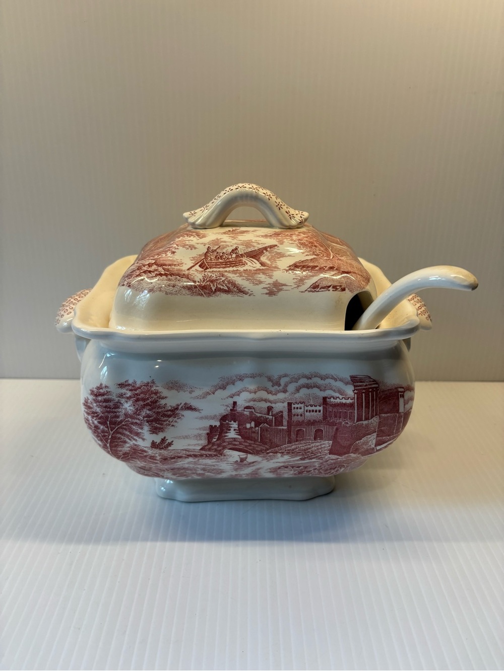 Vintage Cream and Red Transferware Covered Tureen with Ladle